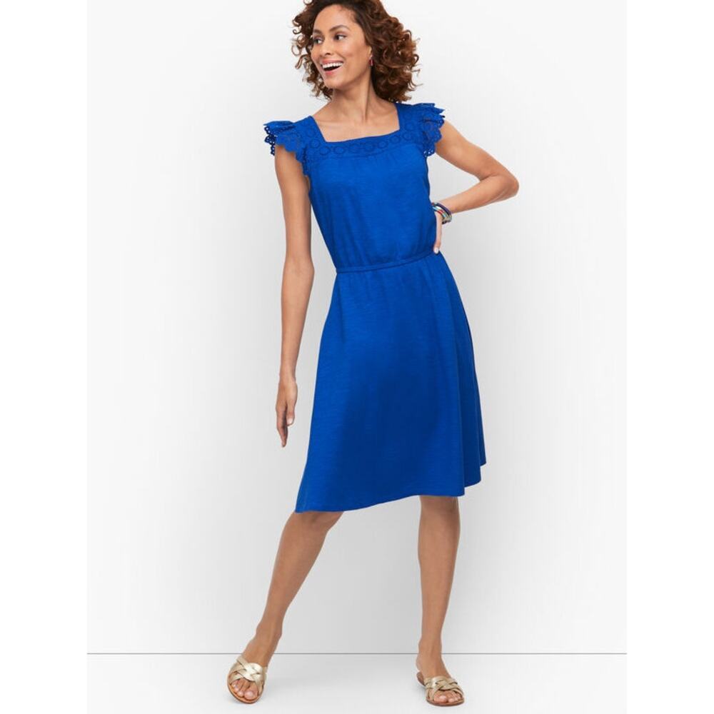 Talbots Eyelet Slub Flutter Sleeve Knit Fit & Flare Dress Blue Women's XL NWT